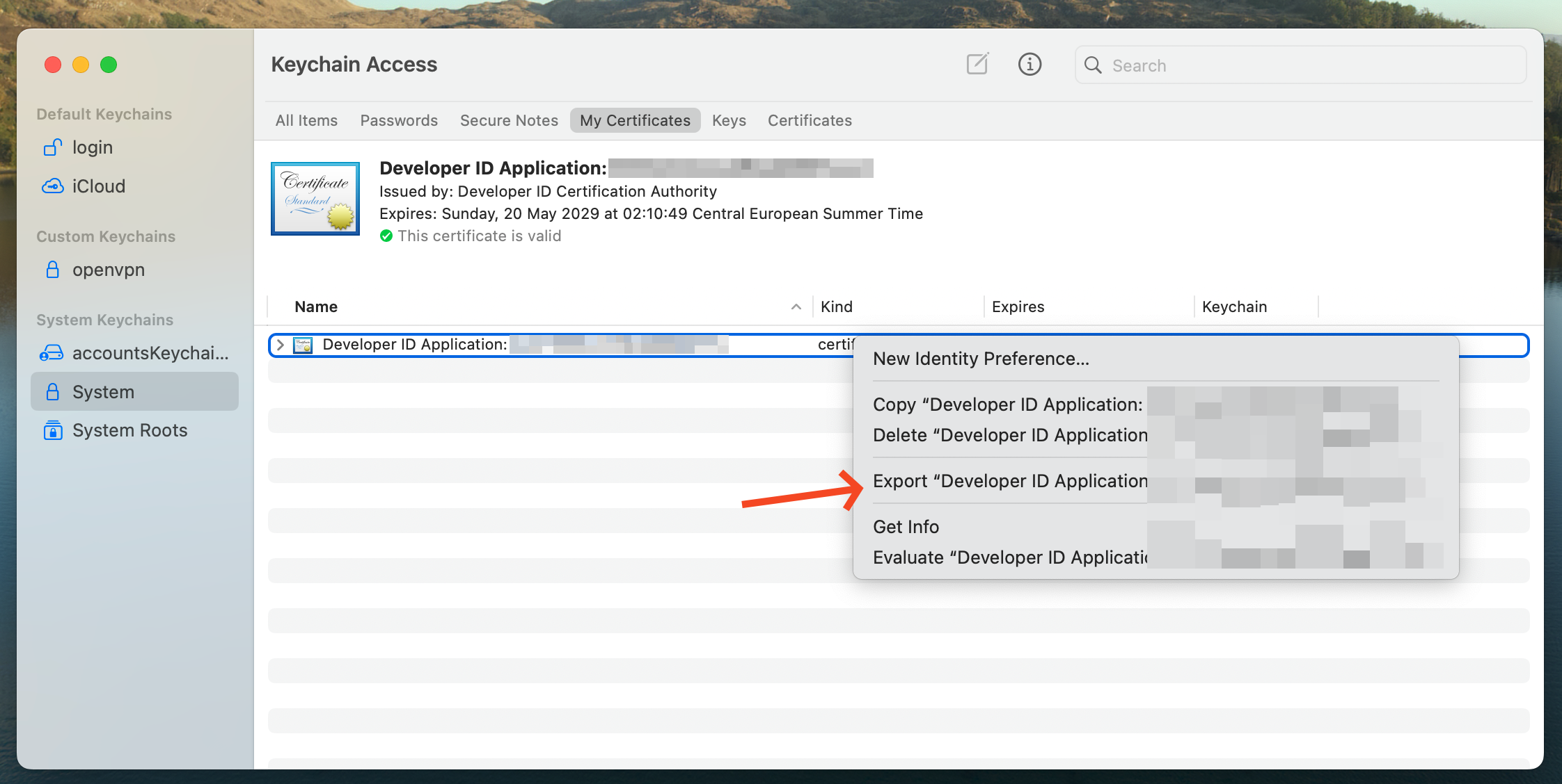 Export the certificate